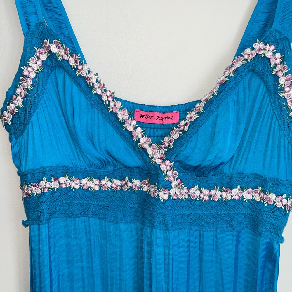 Betsey Johnson Teal Empire Waist Maxi Dress Floral Trim Size M - Picture 2 of 8